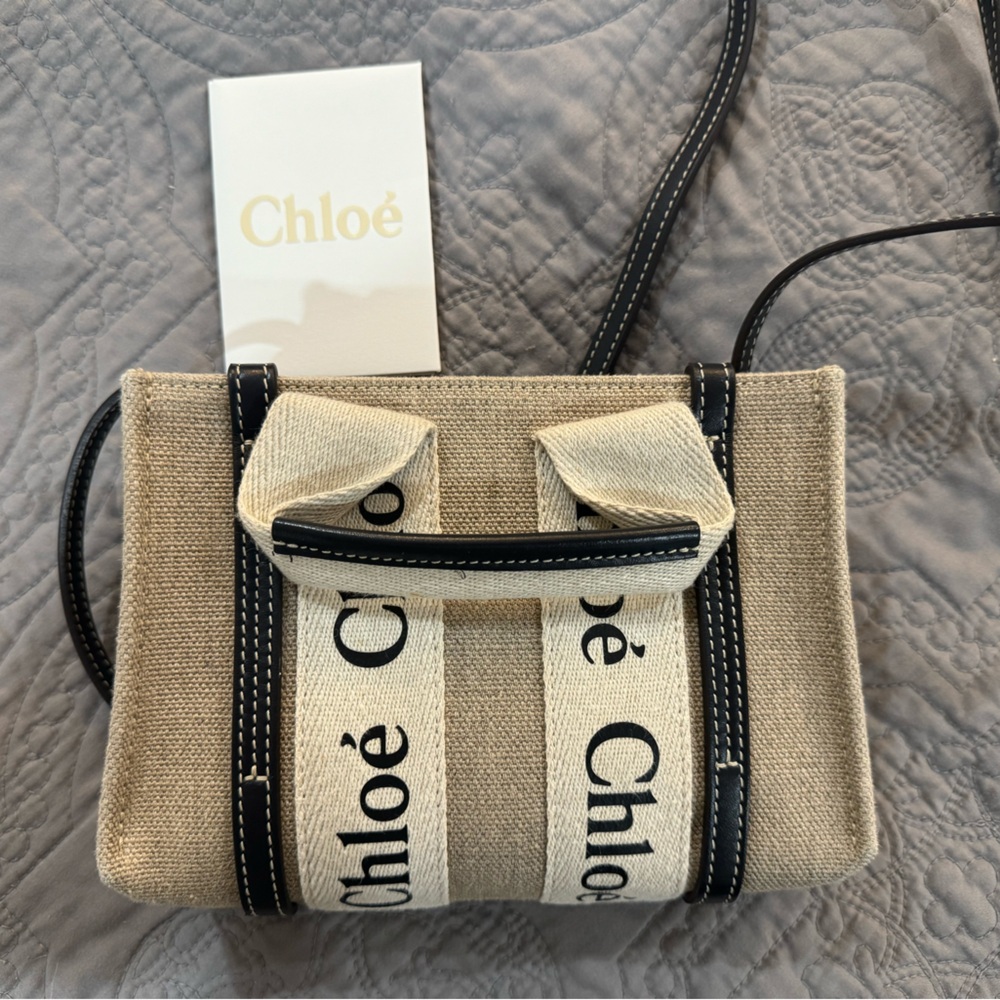 Chloe Woody Mini Tote Bag Black Leather Beige Linen Canvas Crossbody Handbag
